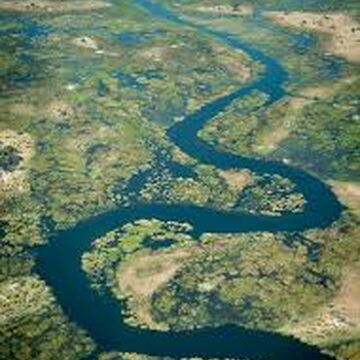 Aerial view of winding waterways through the Okavango Delta in Botswana